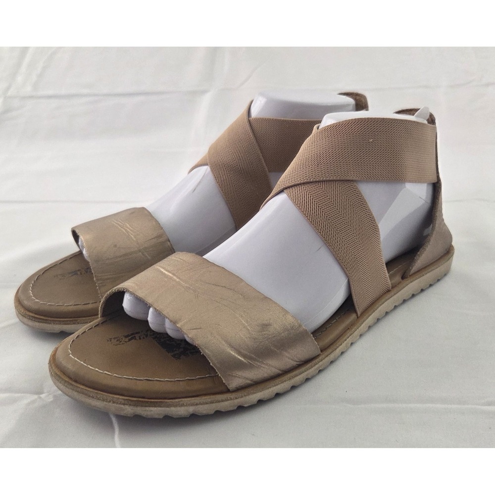 Sorel Sandals Womens 9 Tan Rose Gold Leather Elastic Strappy Gorpcore Minimalist